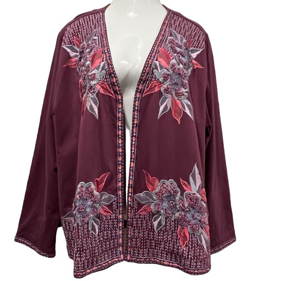 Soft Surroundings Playa Embroidered Open Front Boxy Cardigan, Purple, 2X - Picture 1 of 11